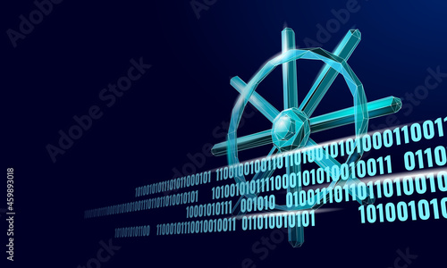 Wheel helm computer developer app concept. Business digital open source program. Data coding steering 3D low polygonal vector line illustration