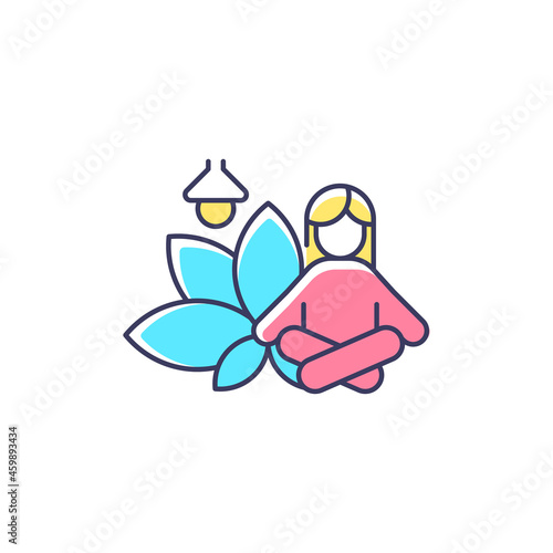 Meditation rooms RGB color icon. Meditative space at work. Creating relaxation area. Improving workplace productivity. In-office wellness room. Isolated vector illustration. Simple filled line drawing
