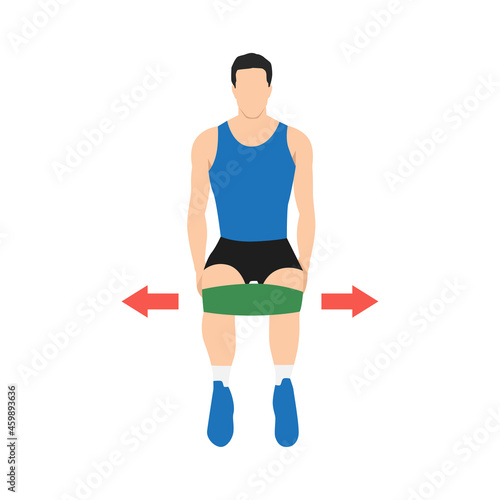 Man doing Isometric Hip abduction with band Resistance band exercise. Flat vector illustration isolated on white background