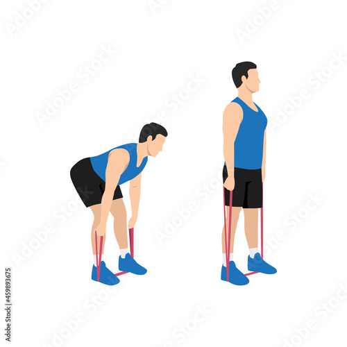 Man doing Resistance band Deadlift exercise. Flat vector illustration isolated on white background