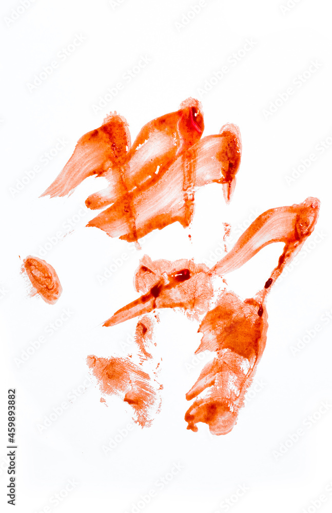 A fingerprint of the hand with fingers Droplets of blood staining spots on a white background, medecine, addiction, murder A fingerprint of the hand with fingers Droplets of blood staining spots on a white background, medecine, addiction, murder