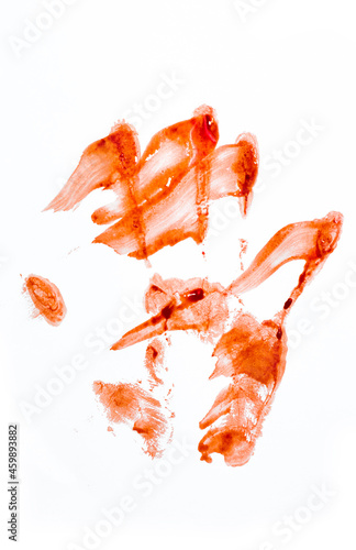 A fingerprint of the hand with fingers Droplets of blood staining spots on a white background, medecine, addiction, murder