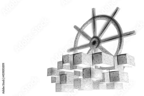 Wheel helm on container computer developer app concept. Business digital open source program. Data coding steering 3D low polygonal vector line illustration