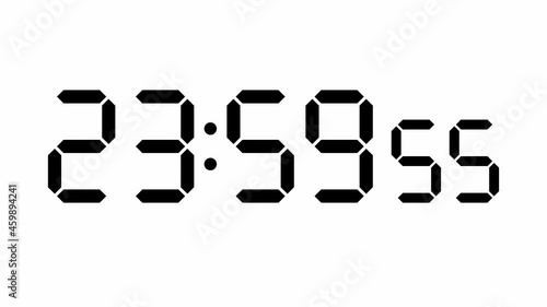Clock counts down from ten seconds from 23 59 50 to 00 00 00, digital electronic segment display, black on white   photo