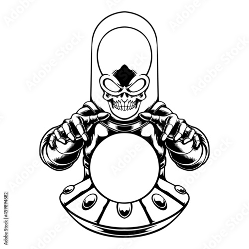 Design black and white hand drawn illustration fortune teller skull alien