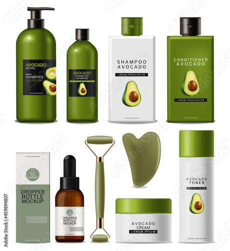 Avocado oil cosmetics and beauty massage set vector realistic. Label design m...