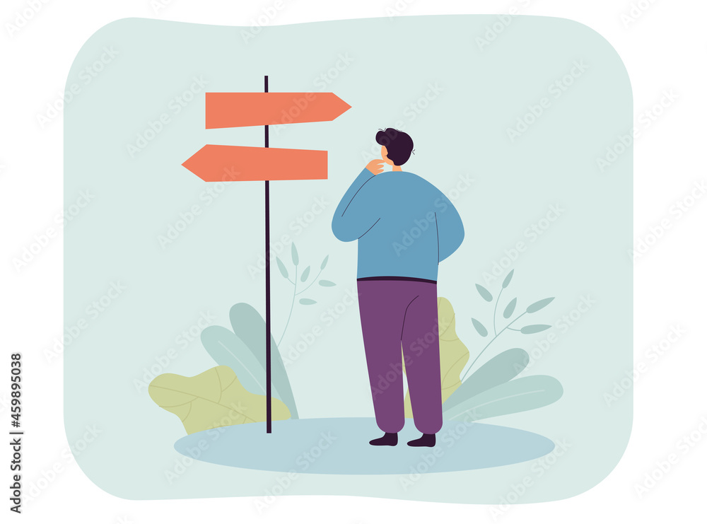 Man choosing direction of path way on road. Lost person standing in front of arrow signpost, making decision. Uncertainty, unknown future concept for banner, website design or landing web page