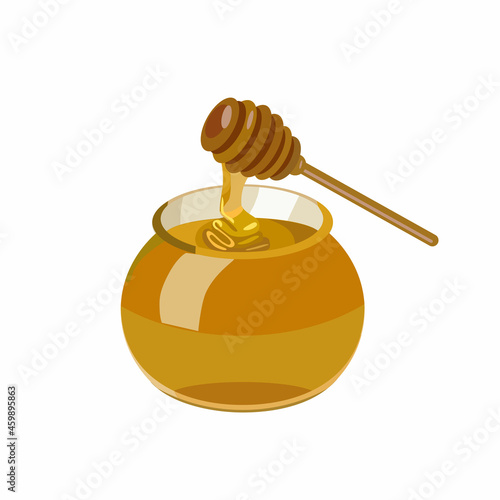 Glass honey jar with special spoon isolated on white background. Cartoon style. Vector illustration.