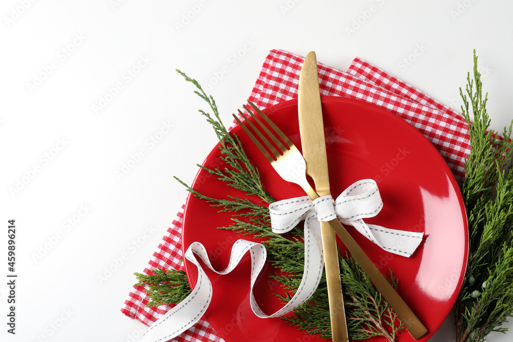 New Year table setting on white background New Year table setting on white background