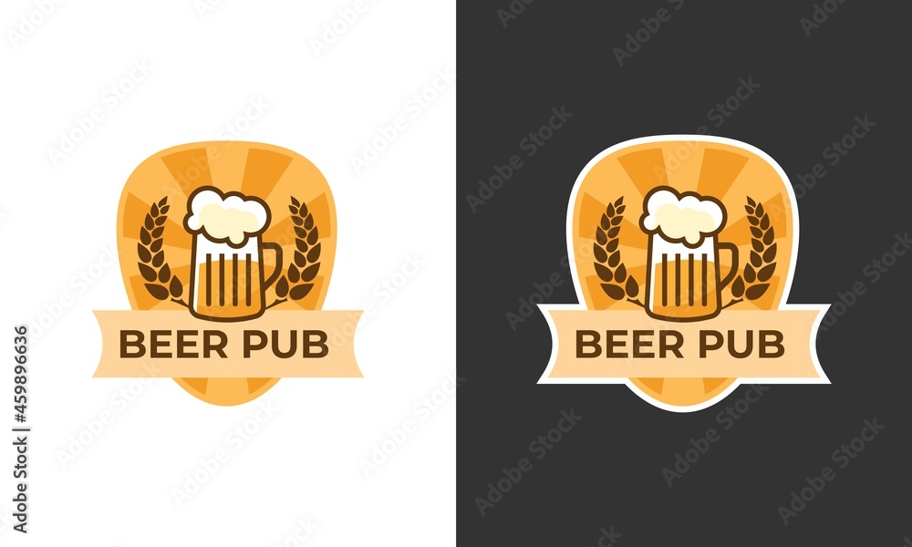 Emblem for a beer pub with a glass of beer and spikelets of barley. Beer bar logo isolated on white and dark background Emblem for a beer pub with a glass of beer and spikelets of barley. Beer bar logo isolated on white and dark background
