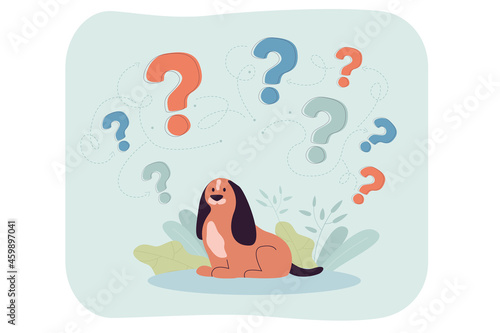 Pensive dog thinking about answer or idea. Confused puppy pet sitting near huge question marks flat vector illustration. Help, communication concept for banner, website design or landing web page