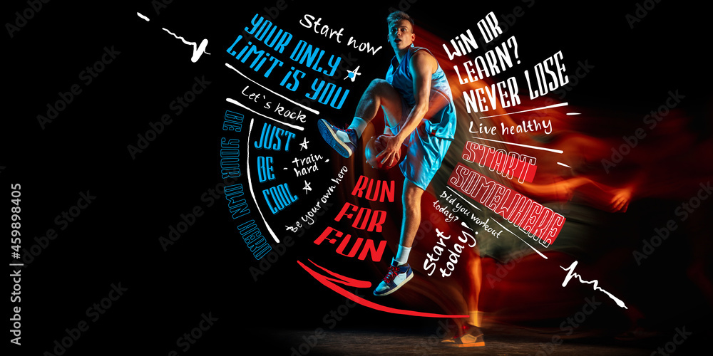 Poster. Sportive young man, professional basketball player in motion and action with ball isolated on dark background with lettering, graphics - obrazy, fototapety, plakaty 