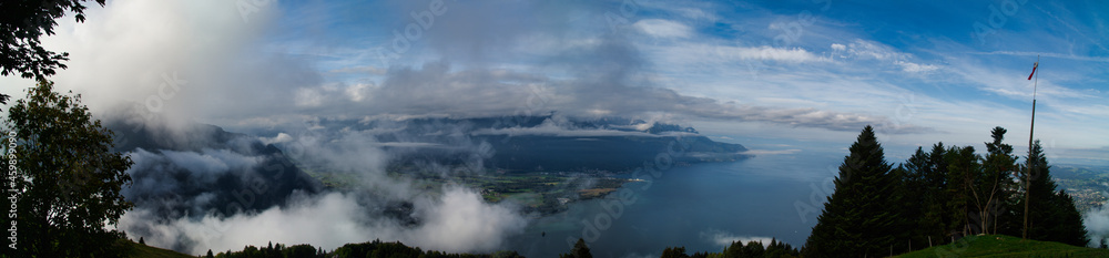 Panorama from the Roche de Naye mountain to Lake Geneva in the morning 