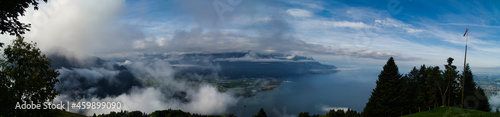 Panorama from the Roche de Naye mountain to Lake Geneva in the morning 