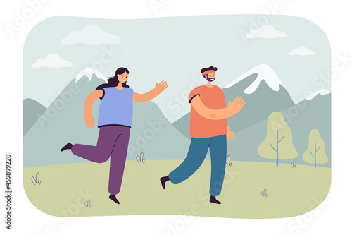 Happy couple jogging together outdoors. Male and female runners running marathon flat vector illustration. Healthy lifestyle, sport activity concept for banner, website design or landing web page