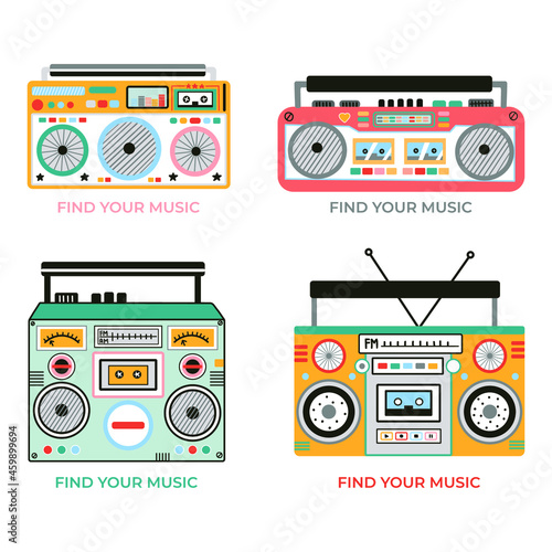Set of cute and colorful old school tape recorders doodles. Vintage boombox icons. Hand drawn illustration. 90s vibes, retro design.