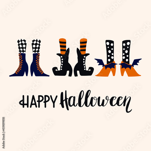 Cute witches legs and lettering. Halloween concept. Hand drawn illustration for your project. Minimal style.