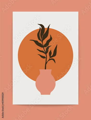 Abstract modern vase poster. Tropical leaf minimal boho wallpaper, contemporary background. Vector illustration © Studio Cantath