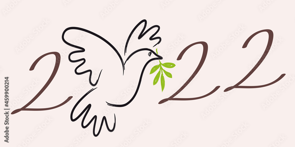 Illustration au trait d’une colombe avec un rameau d’olivier, pour souhaiter une année 2022 sous le signe utopique de la paix dans le monde. Illustration au trait d’une colombe avec un rameau d’olivier, pour souhaiter une année 2022 sous le signe utopique de la paix dans le monde.