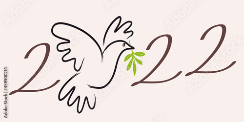 Illustration au trait d’une colombe avec un rameau d’olivier, pour souhaiter une année 2022 sous le signe utopique de la paix dans le monde.