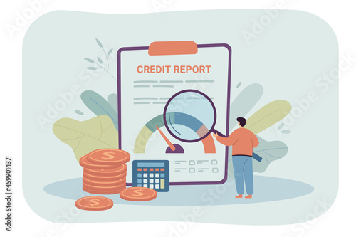 Cartoon businessman checking credit report through magnifier. Person studying document or credit card information, payment history review flat vector illustration. Finances or money business concept