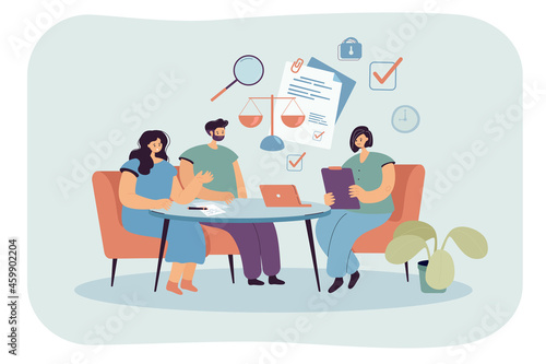 Fototapeta Naklejka Na Ścianę i Meble -  Married cartoon couple in consultation with lawyer in office. Judge giving legal advice to clients before signing financial contract flat vector illustration. Law, divorce concept for banner