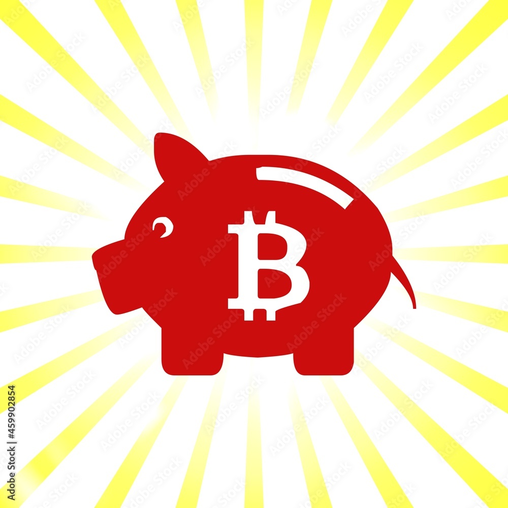 A piggy bank illustration, Bitcoin crypto currency items, money saving related concept art, Retro style sun rays and piggy bank A piggy bank illustration, Bitcoin crypto currency items, money saving related concept art, Retro style sun rays and piggy bank