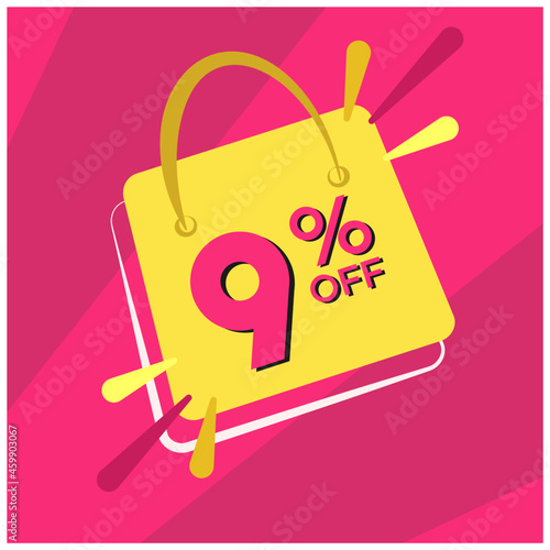 9 percent discount. Pink banner with floating bag for promotions and offers
