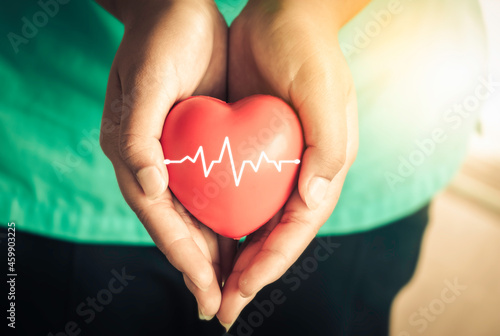 A hand holding red heart.She is Left  right hand holding it.heart health, happy volunteer charity,The photo shows the principle of caring and good health.