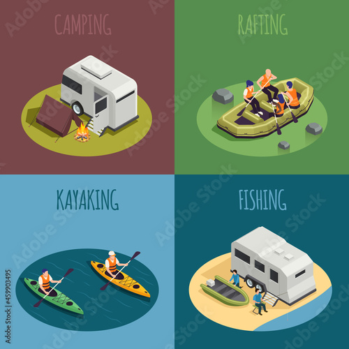 Rafting Kayaking isometric Concept