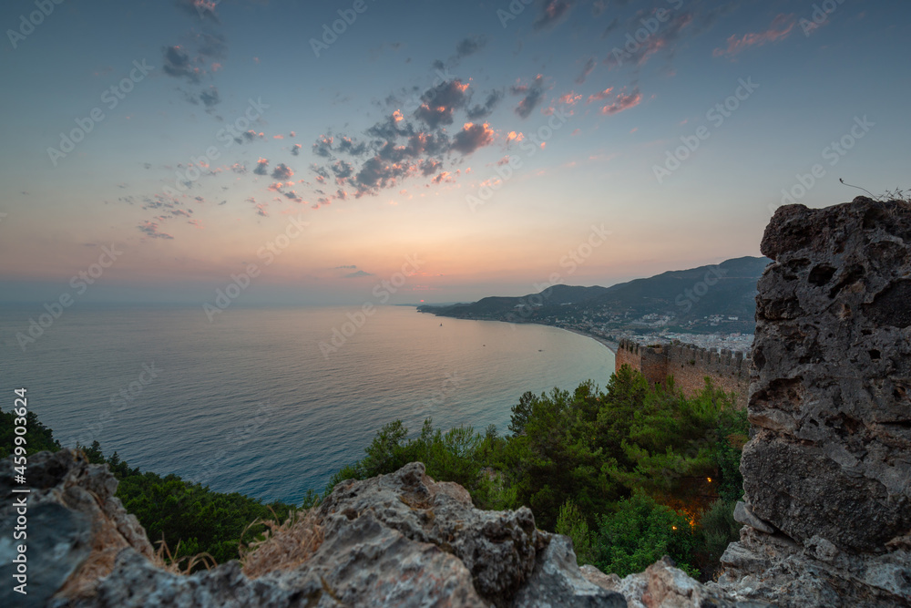 Beautiful sunset at the Alanya castle by the Mediterranean Sea. Turkey