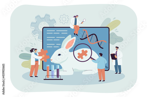 Layout with genetically modified rabbit in laboratory. Scientists carrying out research on animals flat vector illustration. Genetic engineering, biotechnology concept for banner or landing web page