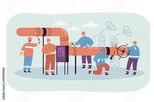 Male cartoon characters in uniforms repairing oil pipeline. Men fixing and controlling gas leaks flat vector illustration. Technology, industry concept for banner, website design or landing web page