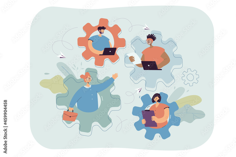 Team of dedicated people putting effort into work. Strong male and female characters inside gears flat vector illustration. Teamwork, cooperation concept for banner, website design or landing web page