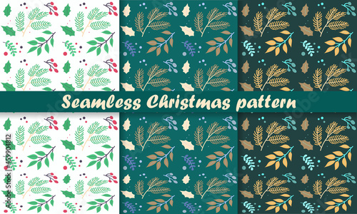 Seamless Christmas pattern of leaves, rowan tree, Christmas tree branch.