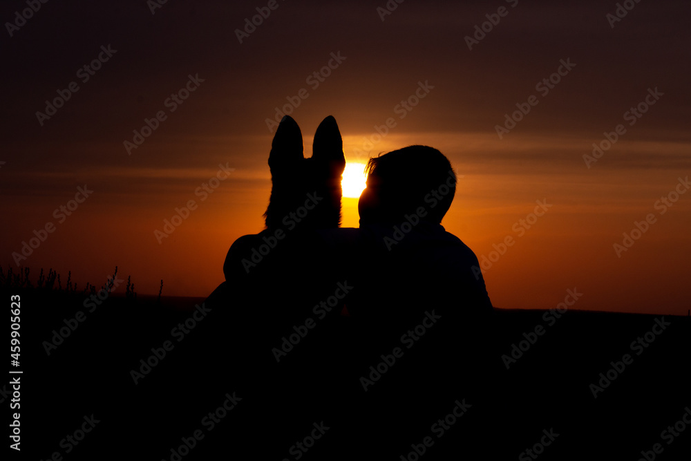 Silhouette of boy and dog hugging at sunset