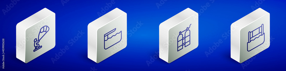Set Isometric line Kitesurfing, Diving board or springboard, Aqualung and Water volleyball net icon. Vector Set Isometric line Kitesurfing, Diving board or springboard, Aqualung and Water volleyball net icon. Vector