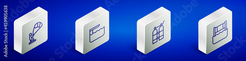 Set Isometric line Kitesurfing, Diving board or springboard, Aqualung and Water volleyball net icon. Vector