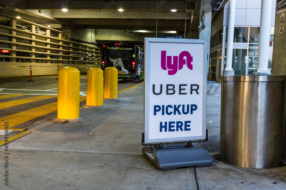 Lyft and Uber pickup spot at the airport. Lyft and Uber ride sharing