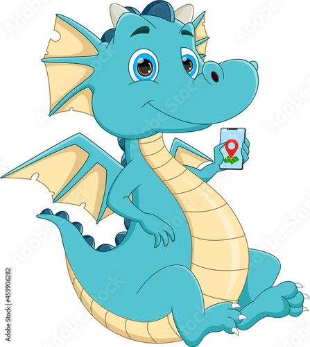 cartoon dragon holding smartphone on white background