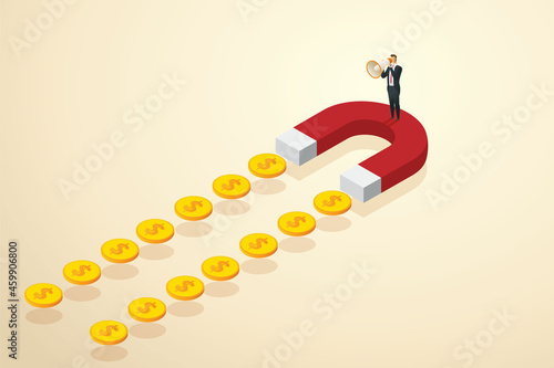 Businessman marketing on big magnets.