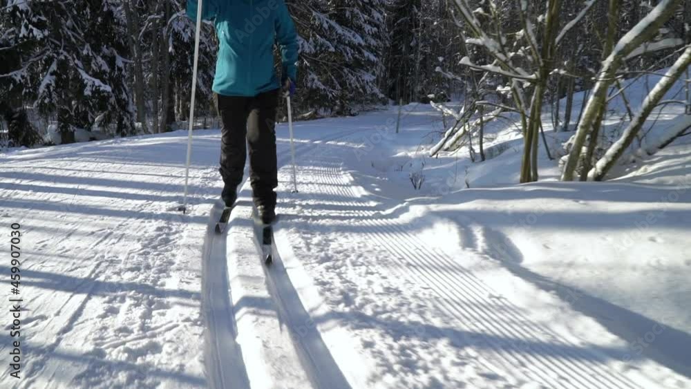 Athletic pregnant woman going cross-country skiing in a frozen forest in Finland on a frosty sunny day. Steadicam Tracking Shot. Athletic pregnant woman going cross-country skiing in a frozen forest in Finland on a frosty sunny day. Steadicam Tracking Shot.