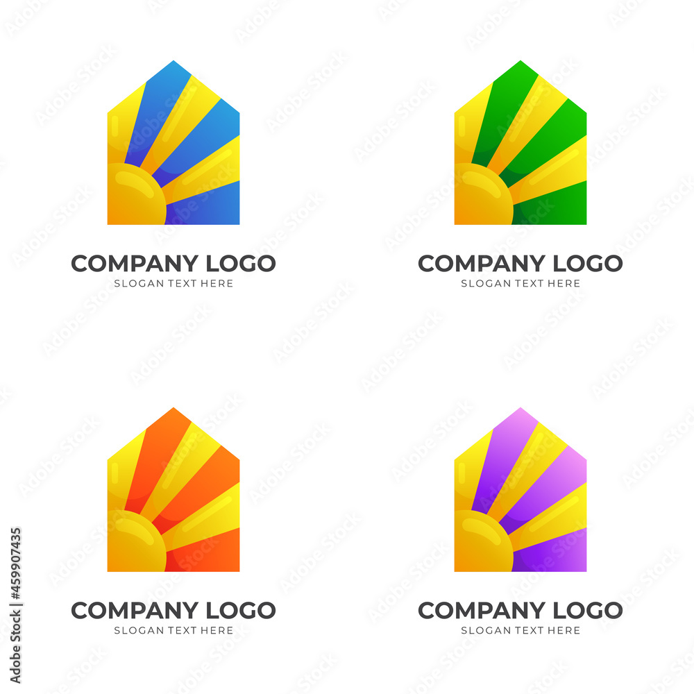 house and sun logo design template with 3d colorful style