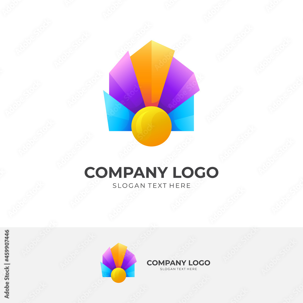 house and sun logo design with 3d simple style