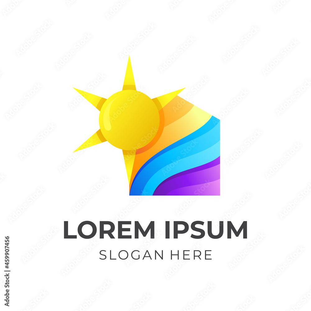 Fototapeta premium house logo with sun design combination, 3d colorful style