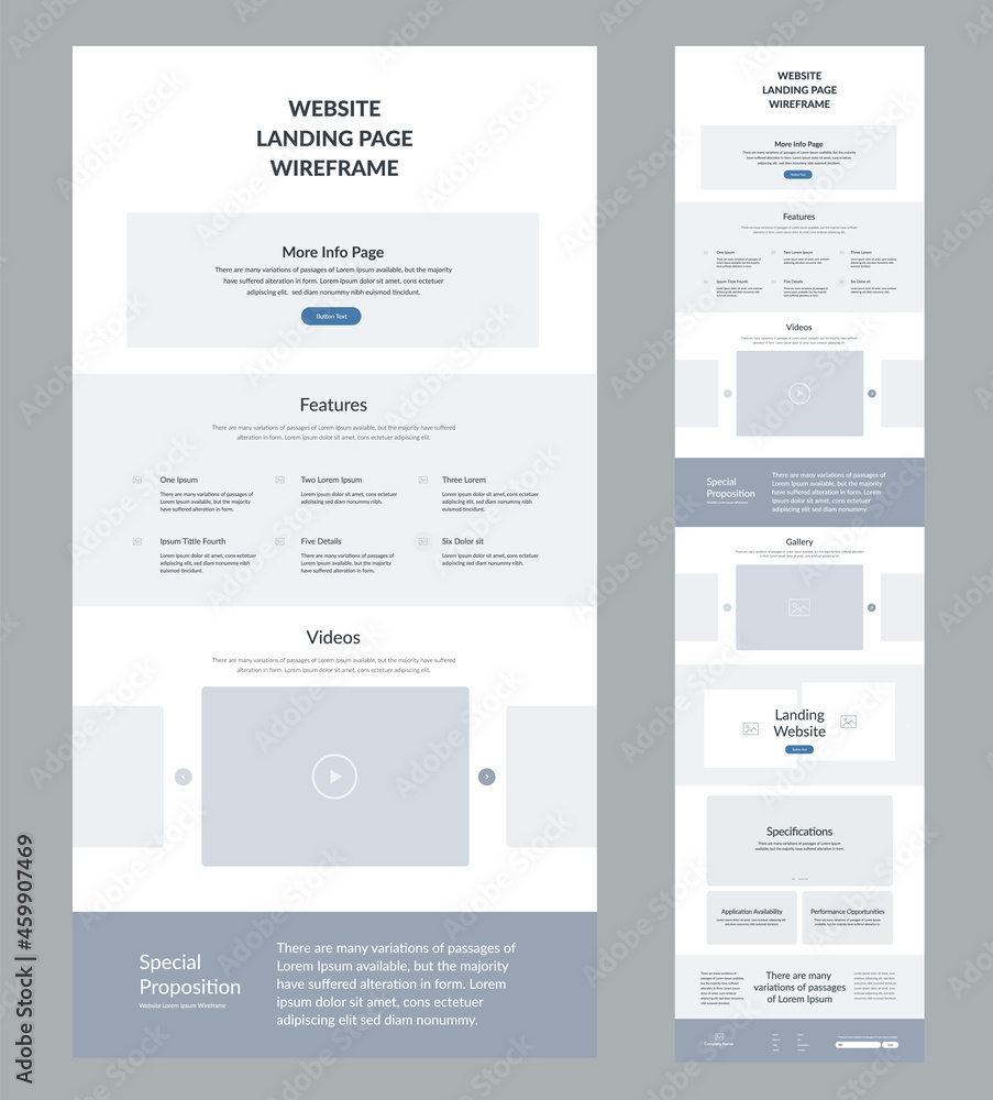 Website design template. Modern wireframe landing page for development. Flat one page site. UI UX elements. Website design template. Modern wireframe landing page for development. Flat one page site. UI UX elements.