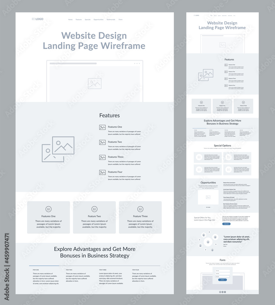 Website design template. Modern wireframe landing page for development. Flat one page site. UI UX elements. 