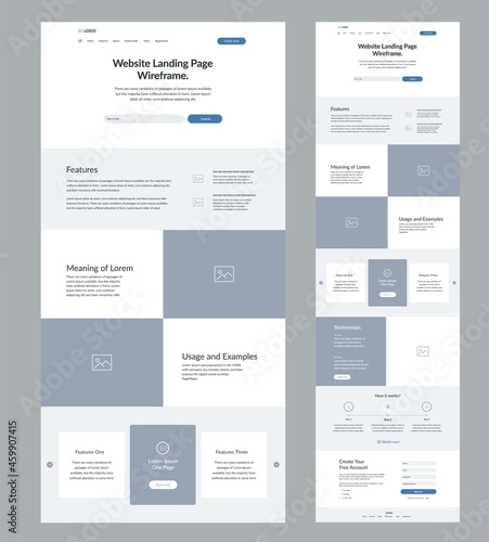 Website design template. Modern wireframe landing page for development. Flat one page site. UI UX elements. 