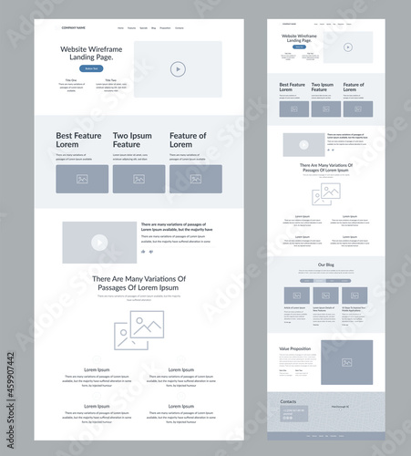 Website design template. Modern wireframe landing page for development. Flat one page site. UI UX elements. 