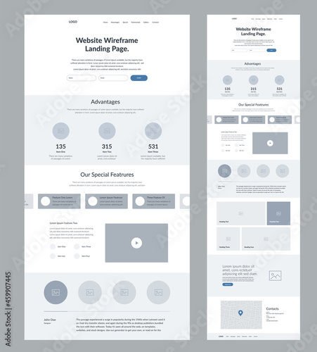 Website design template. Modern wireframe landing page for development. Flat one page site. UI UX elements. 
